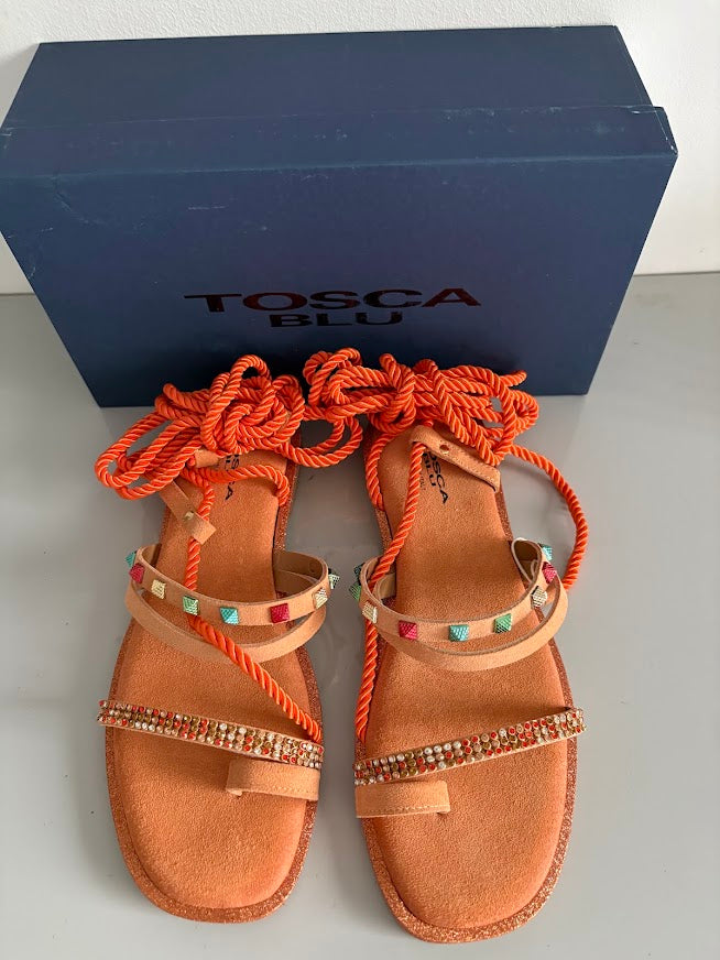 Tosca Blu Hibiscus Arancione Embellished Lace-Up Sandals – EU 39