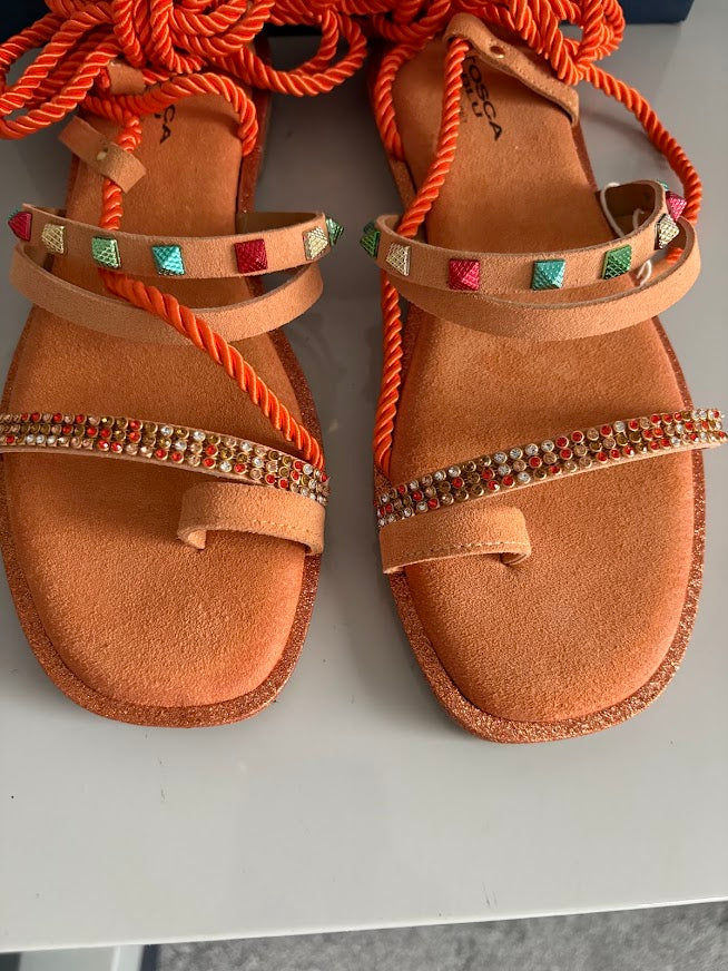 Tosca Blu Hibiscus Arancione Embellished Lace-Up Sandals – EU 39