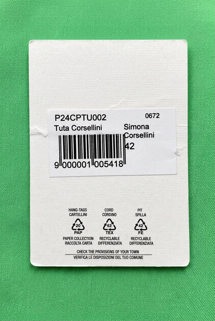 Simona Corsellini green strapless wide-leg jumpsuit – style and barcode tag