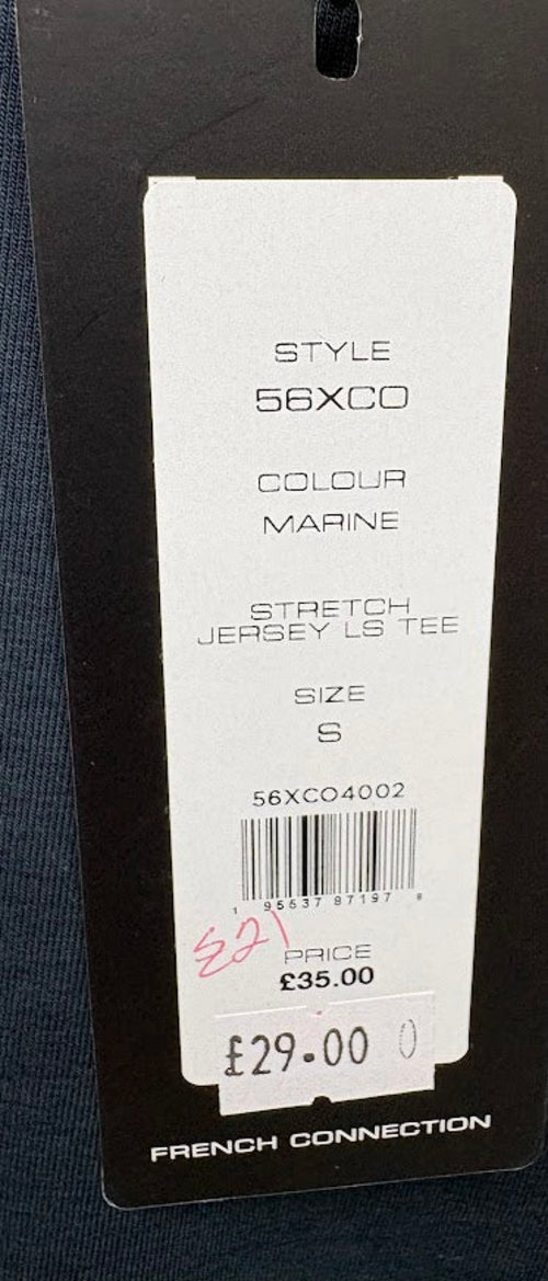 Retail tag showing style and size — French Connection Marine Stretch Jersey Long Sleeve Tee – S / XS.