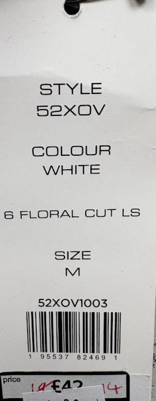Retail tag showing style and size — French Connection White Floral Cut Long Sleeve Shirt – M.