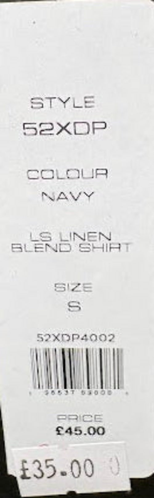 Retail tag showing style and size — French Connection Navy Linen Blend Shirt – S.
