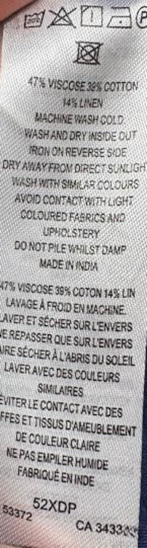 Fabric composition and care label — French Connection Navy Linen Blend Shirt – S.
