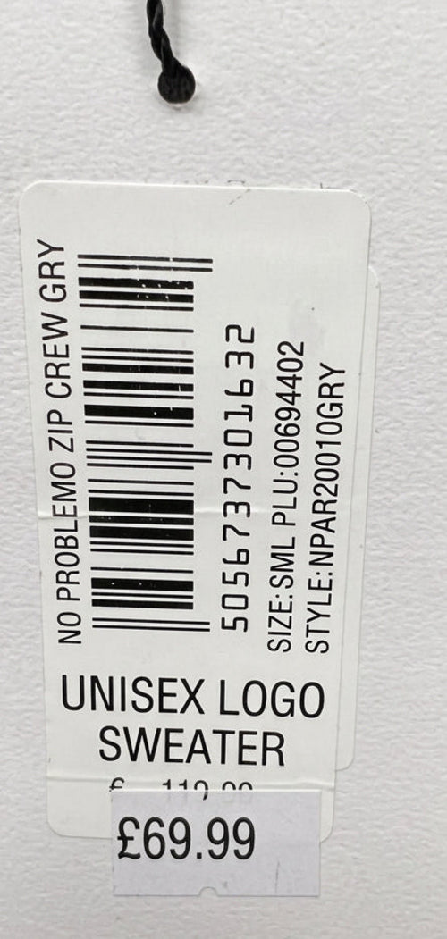 Retail tag showing style and size — No Problemo Grey Crew Neck Sweatshirt – S.
