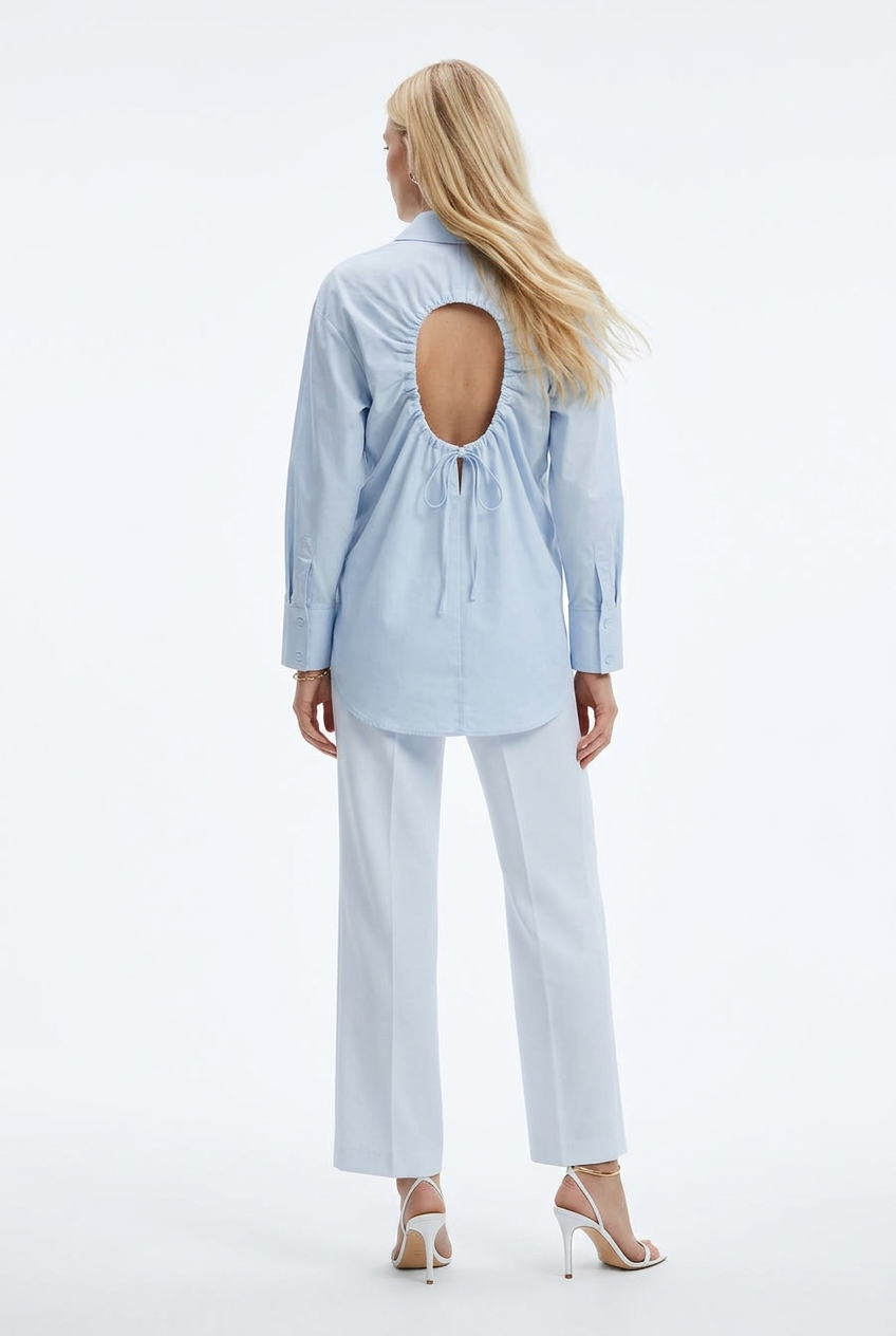 Back view on a model — Public Desire White Open Back Shirt Dress – Pdair 102 – UK 12.