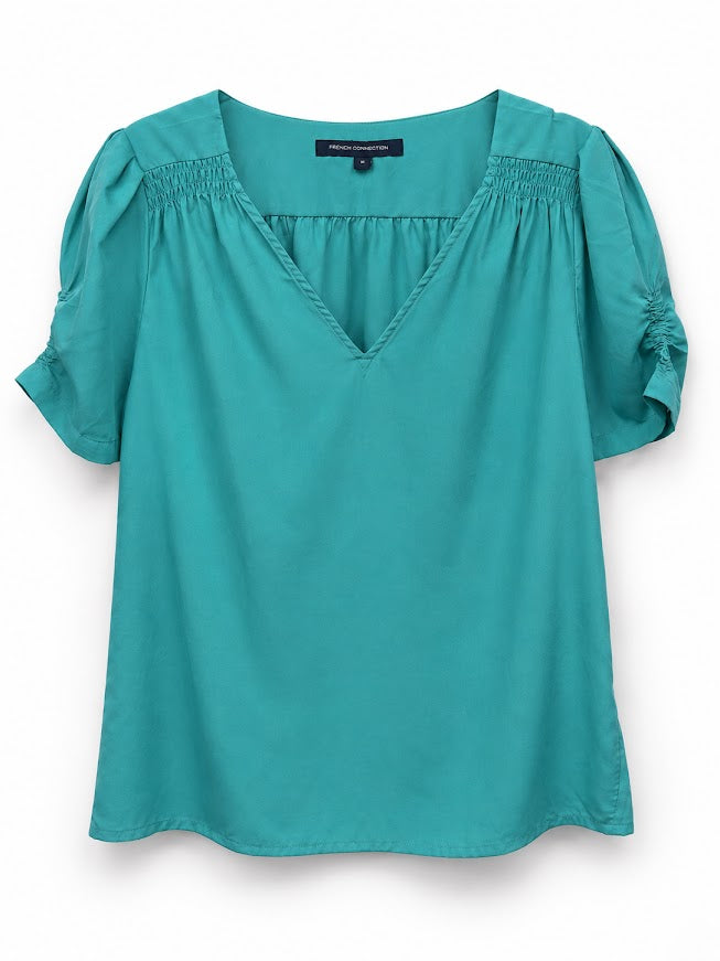 Front view — French Connection Turquoise V-Neck Puff Sleeve Top – M.
