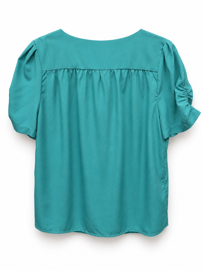 Back view — French Connection Turquoise V-Neck Puff Sleeve Top – M.