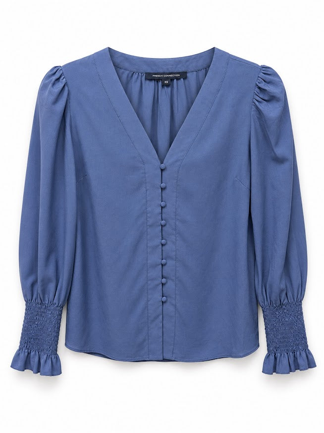 Front view — French Connection Coastal Fjord Crepe V Neck Blouse with Smocked Sleeves – XS.