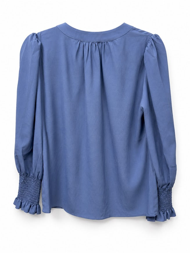 Back view — French Connection Coastal Fjord Crepe V Neck Blouse with Smocked Sleeves – XS.