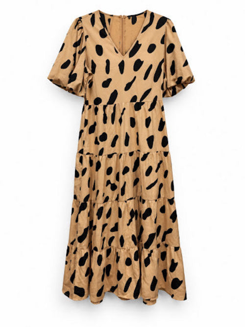 Influence Beige/Tan & Black Leopard Print Puff Sleeve V-Neck Midi Dress UK 14
