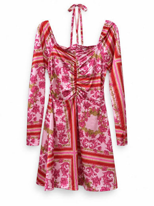 In The Style X Liberty Pink Scarf Print Halterneck Puff Sleeve Mini Skater Dress UK 16
