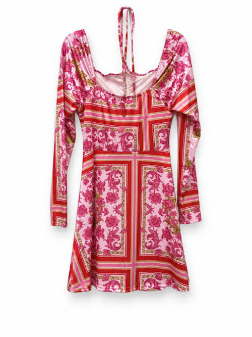 In The Style X Liberty Pink Scarf Print Halterneck Puff Sleeve Mini Skater Dress UK 16