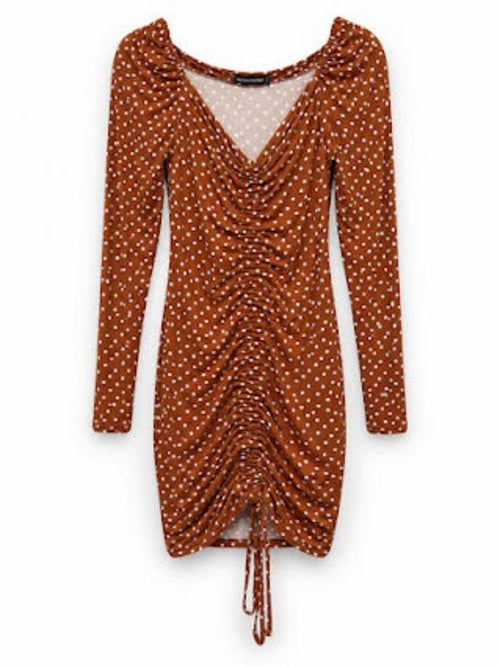 PrettyLittleThing Terracotta Polka Dot Ruched Front Long Sleeve Bodycon Mini Dress UK 12