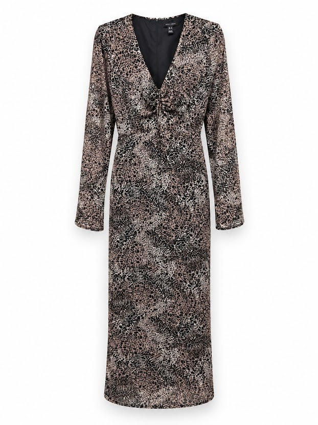 New Look Brown Animal Print Ruched Front V-Neck Midi Dress UK 22