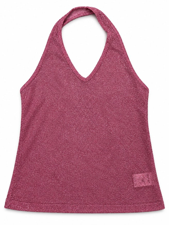 Front view — SHOP*ART Pink Lurex Halter Neck Crop Top M.