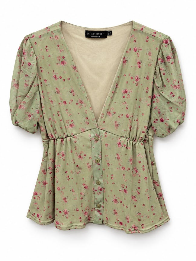 In The Style Green Floral Puff-Sleeve Peplum Top – UK 14 – product image 1