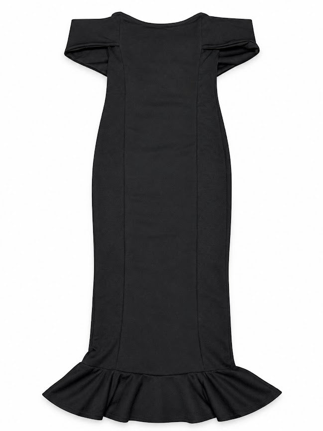 PrettyLittleThing black Bardot frill-hem midi dress – UK 10 – product image 1