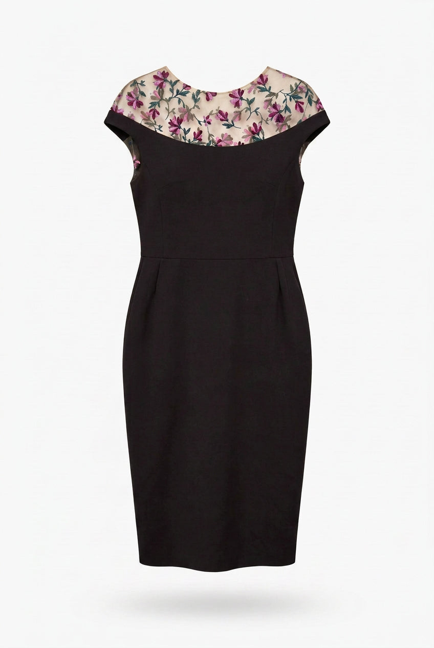 Lela Rose aubergine fitted dress with floral embroidered sheer tulle detailing, size 10 – image 4