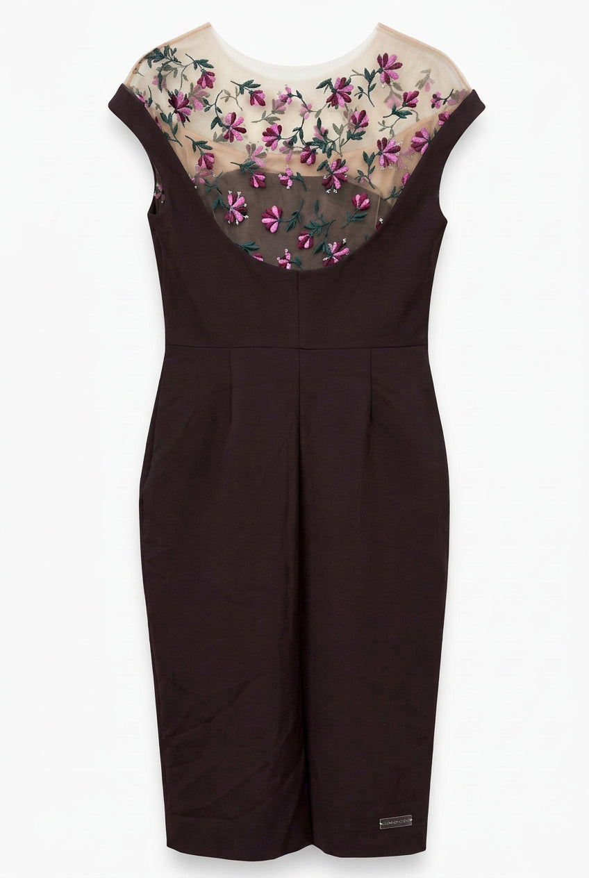 Lela Rose aubergine fitted dress with floral embroidered sheer tulle detailing, size 10 – image 5