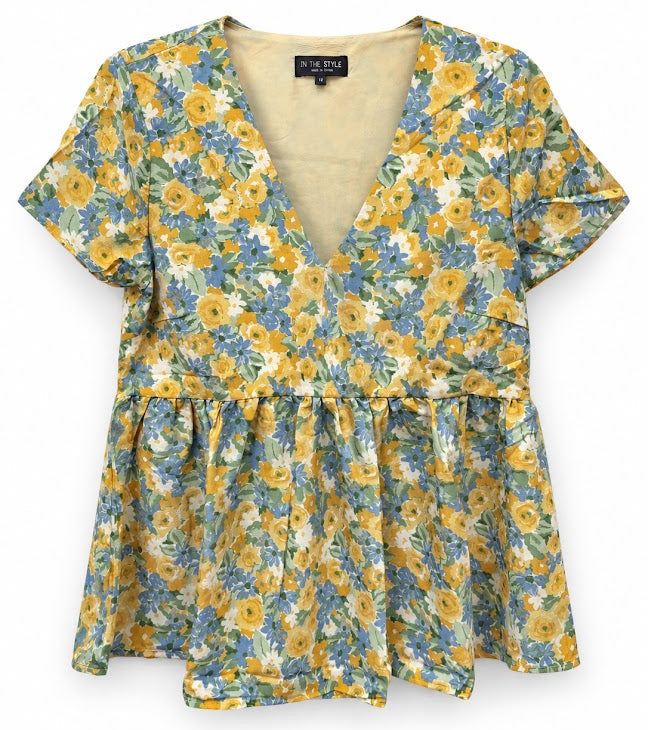 In The Style x Stacey Solomon Blue & Yellow Floral Smock Top – UK 12 – product image 1