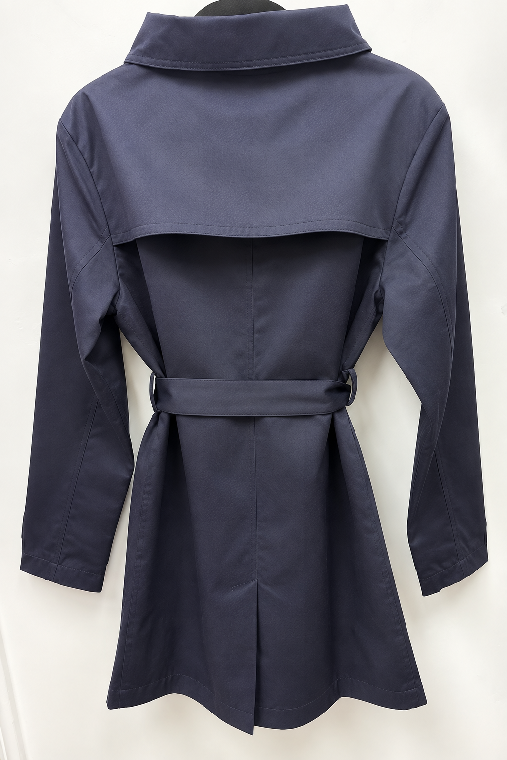 Back view — Farnol Navy Double-Breasted Belted Trench Coat – TN 46.