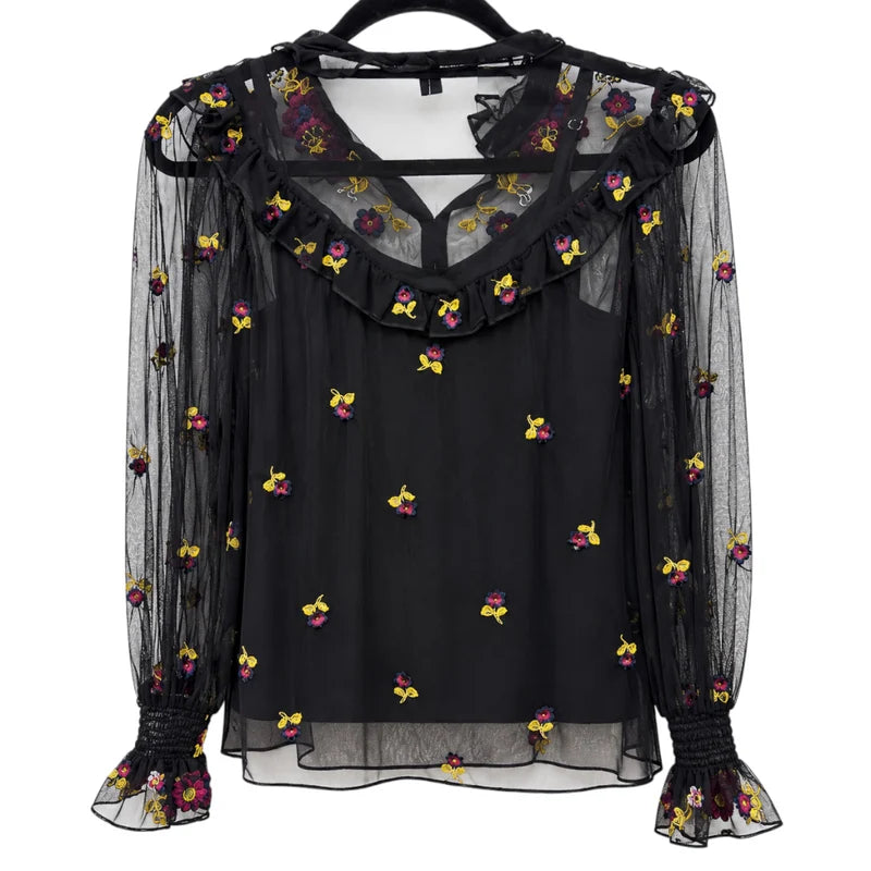 Front view — French Connection Blackout Camille Embroidered Shirt – Size M.