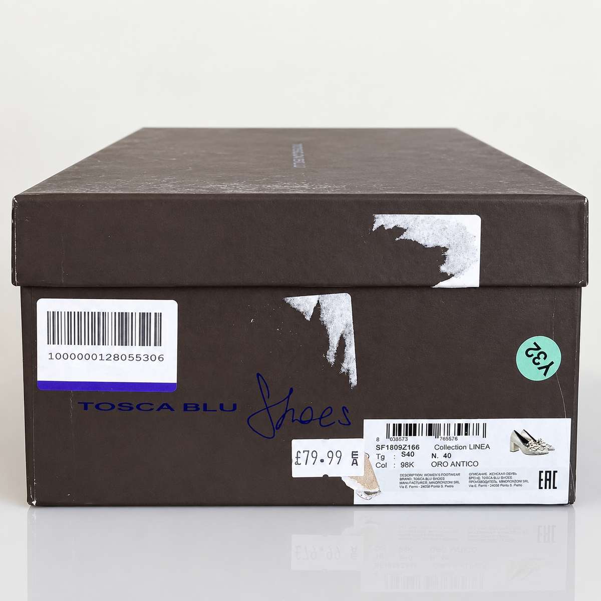 Box label — Tosca Blu Antique Gold Fringed Chain-Detail Block-Heeled Shoes – EU 40.
