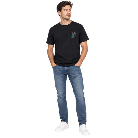 French Connection Black Embroidered T-Shirt – XS shown on a model.