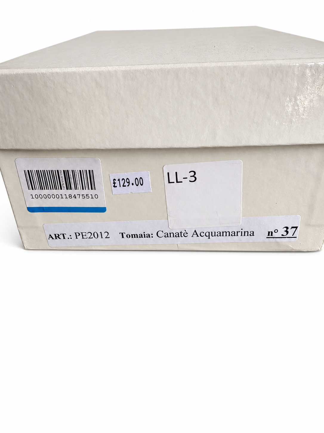 Acquamarina EU 37 manufacturer box label with updated £129 price