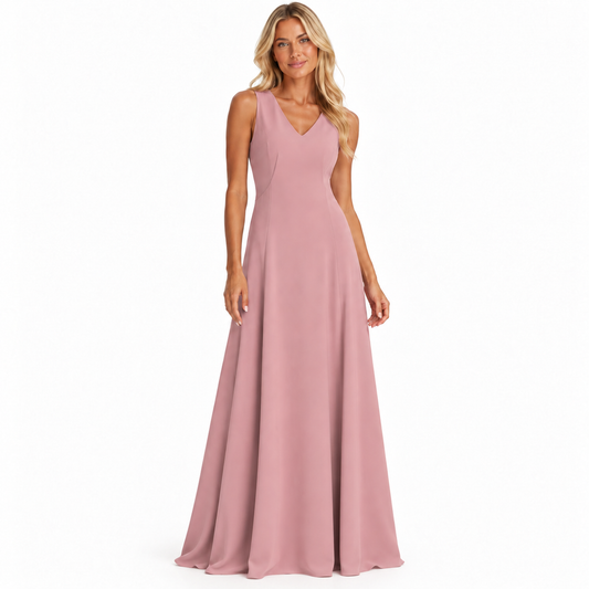 Model wearing Alex Vidal dusty pink floor-length evening dress