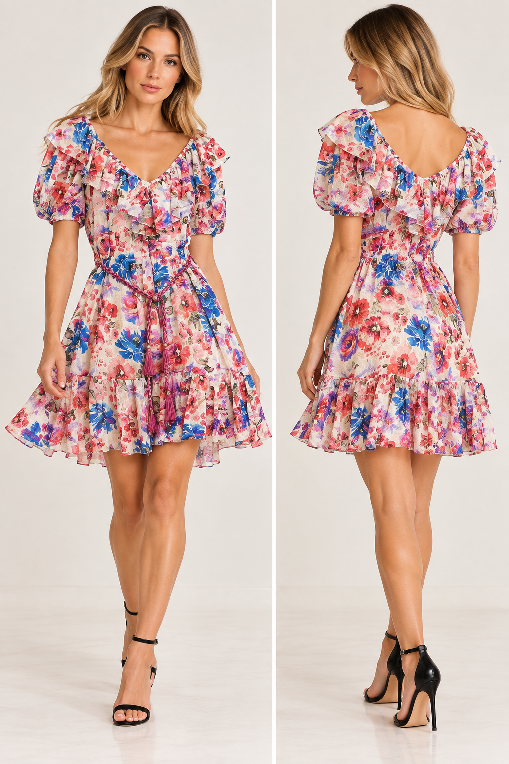 Aniye By Rafa Rainbow Floral Mini Dress styled with black heels