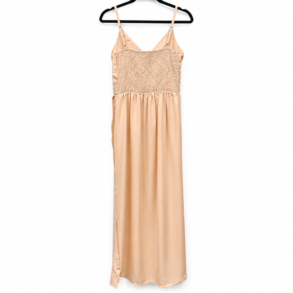 Back view — Little Mistress Beige Ruched Maxi Dress – Size 8.