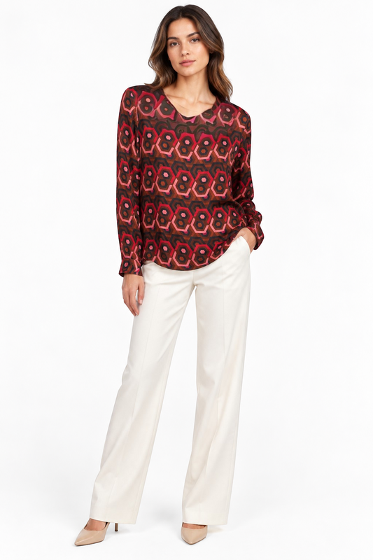 Camicetta Snob Multicolour Geometric Print Blouse – UK 12 shown on a model.
