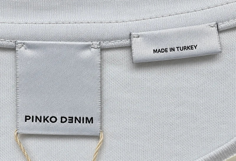 Brand and size label — Pinko Denim White Maestrale Corset-Detail T-Shirt – S.