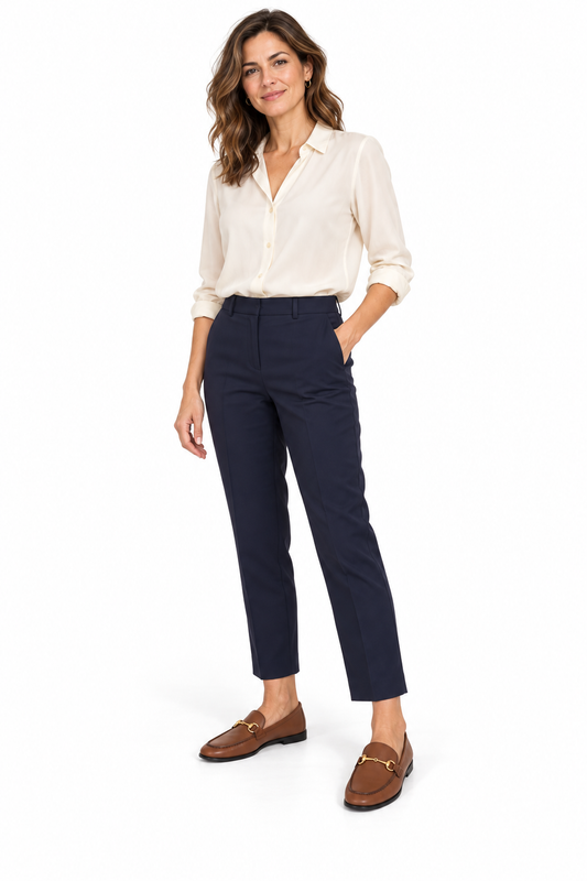 Full-length woman wearing BOEMOS brown horsebit loafers — styling illustration