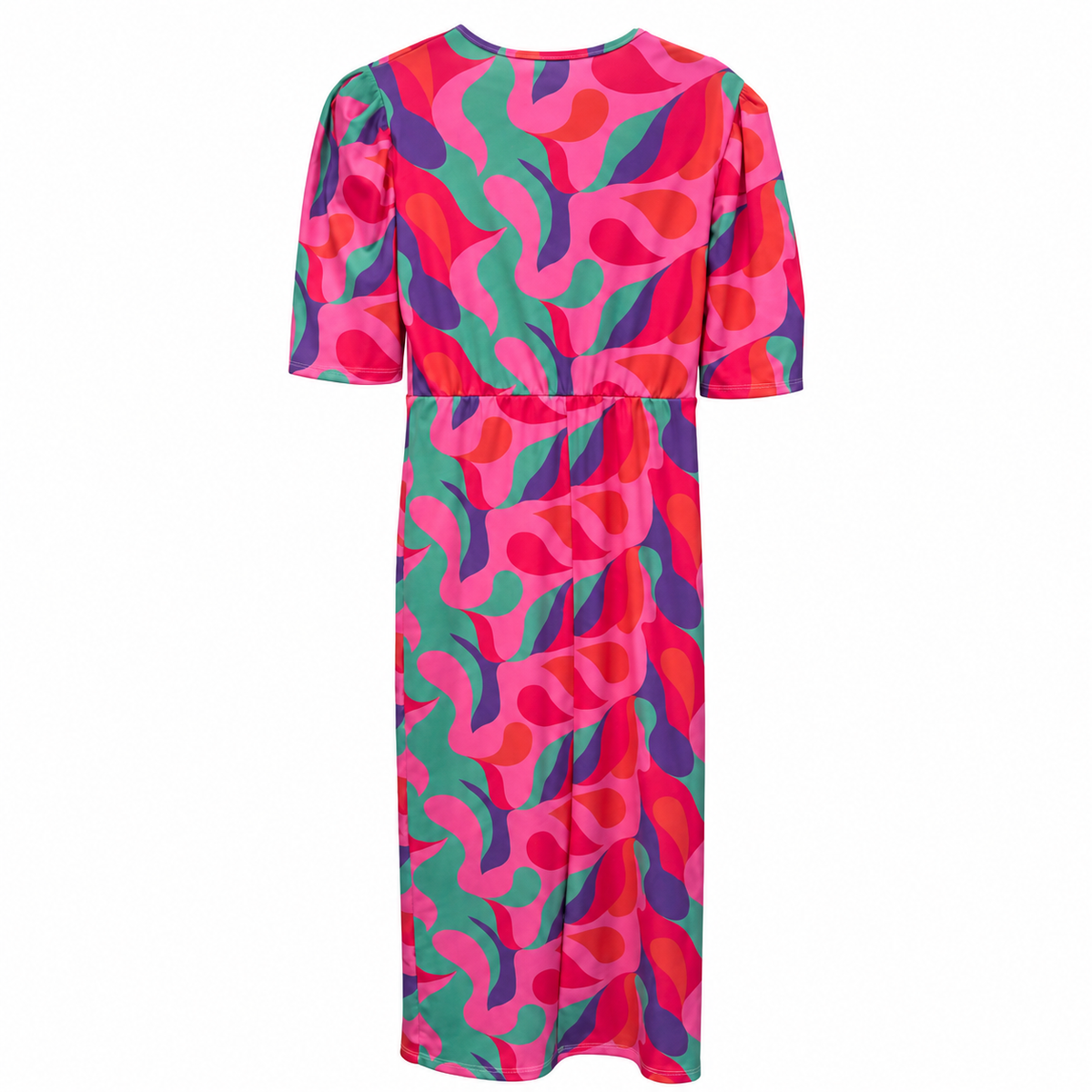 Back view — New Collection Pink Green Abstract Print Midi Dress – L