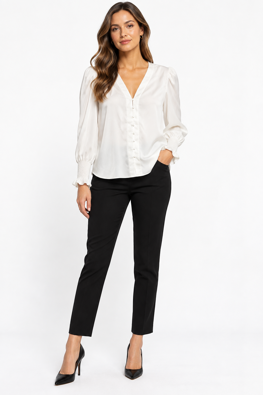 French Connection Winter White Crepe V Neck Blouse — UK 14