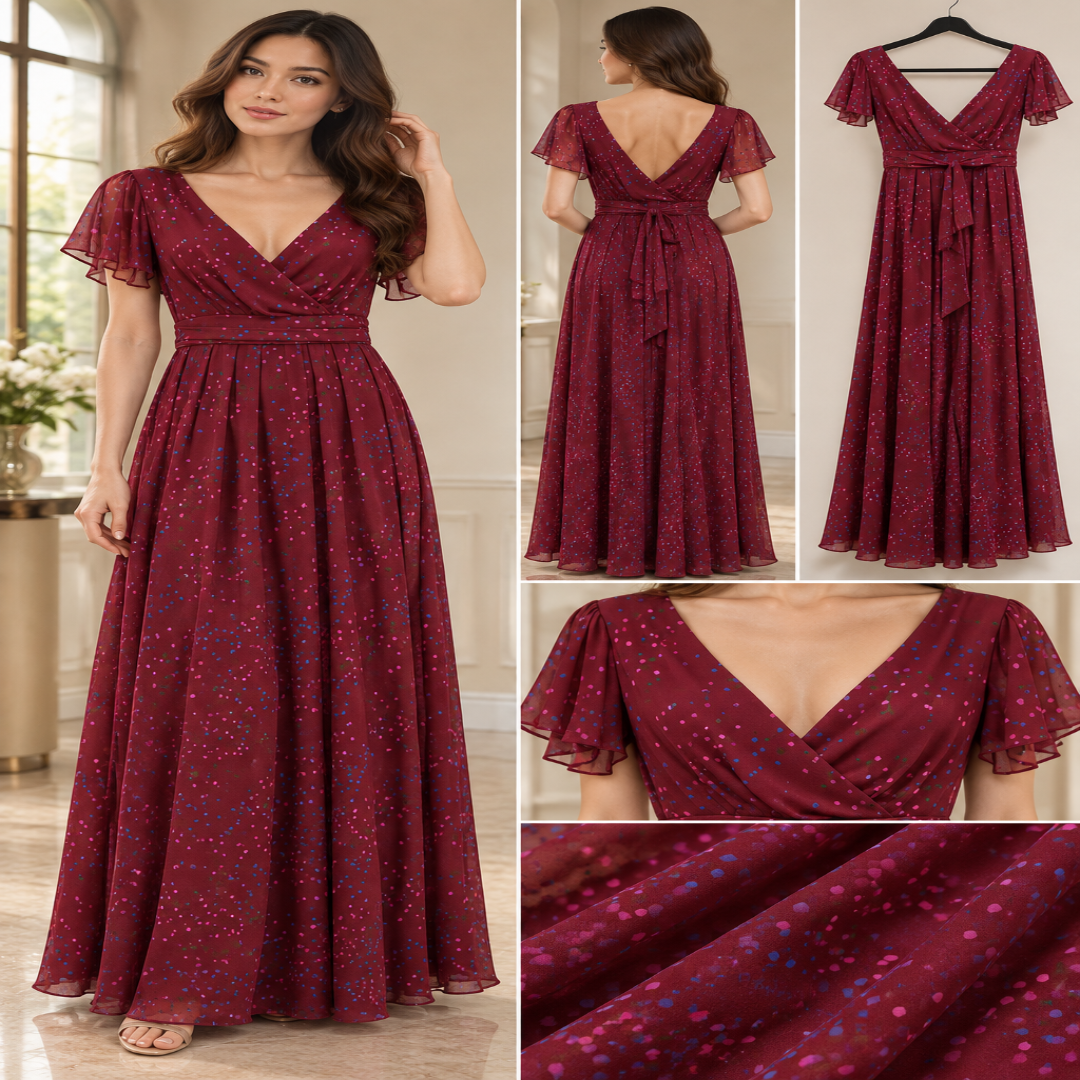 Maids to Measure Caroline Burgundy Confetti maxi dress, UK 14 – product image 1