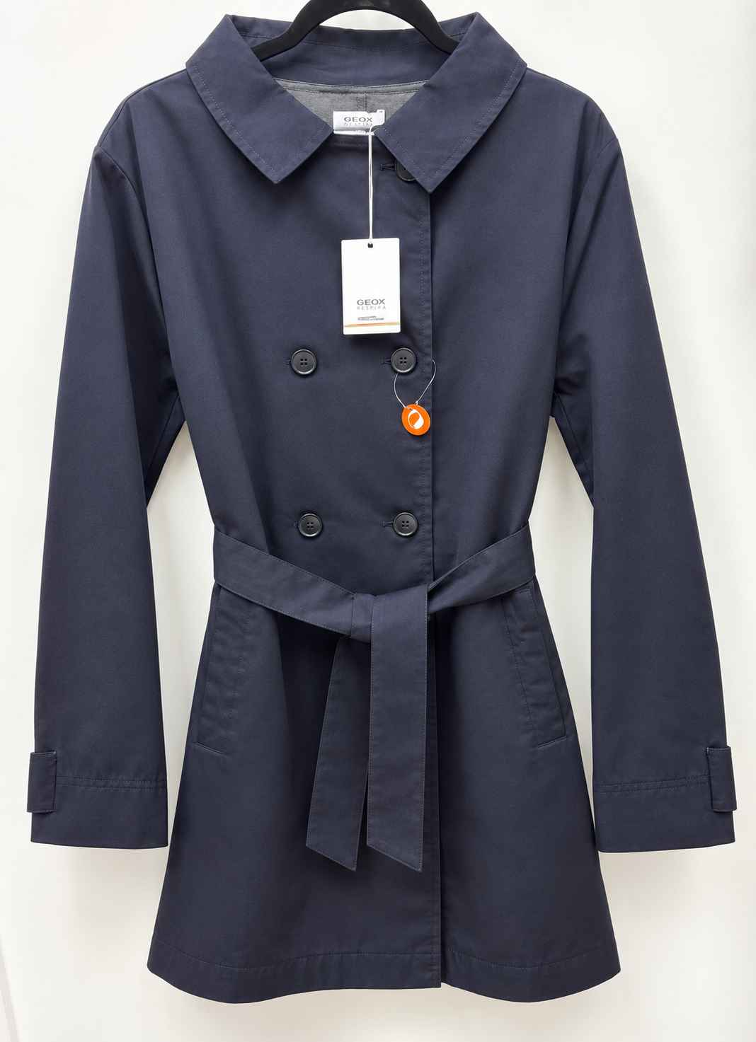 Front view — Farnol Navy Double-Breasted Belted Trench Coat – TN 46.