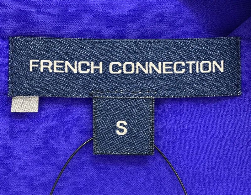 Brand and size label — French Connection Cobalt Violet Crepe Light Keyhole Top – XS and S.