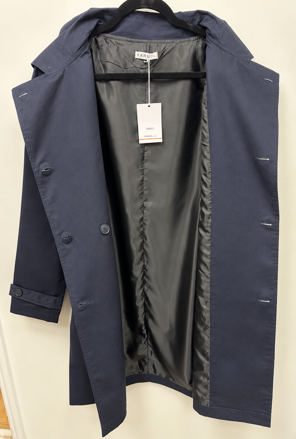 Design detail close-up — Farnol Navy Double-Breasted Belted Trench Coat – TN 46.