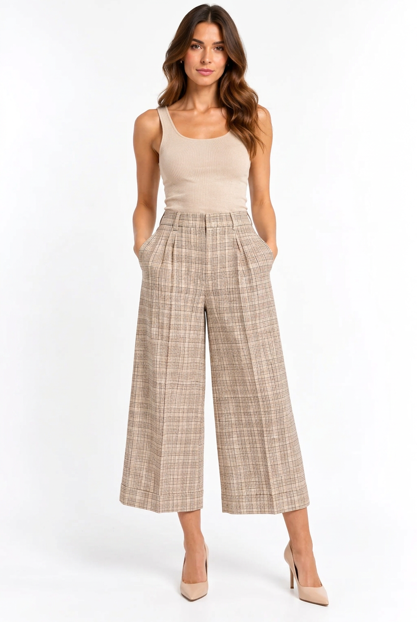 Cappellini Beige Check Linen Palazzo Trousers – Size 42 model image