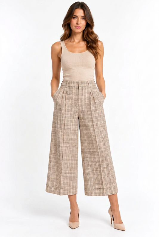 Cappellini Beige Check Linen Palazzo Trousers – Size 42 model image