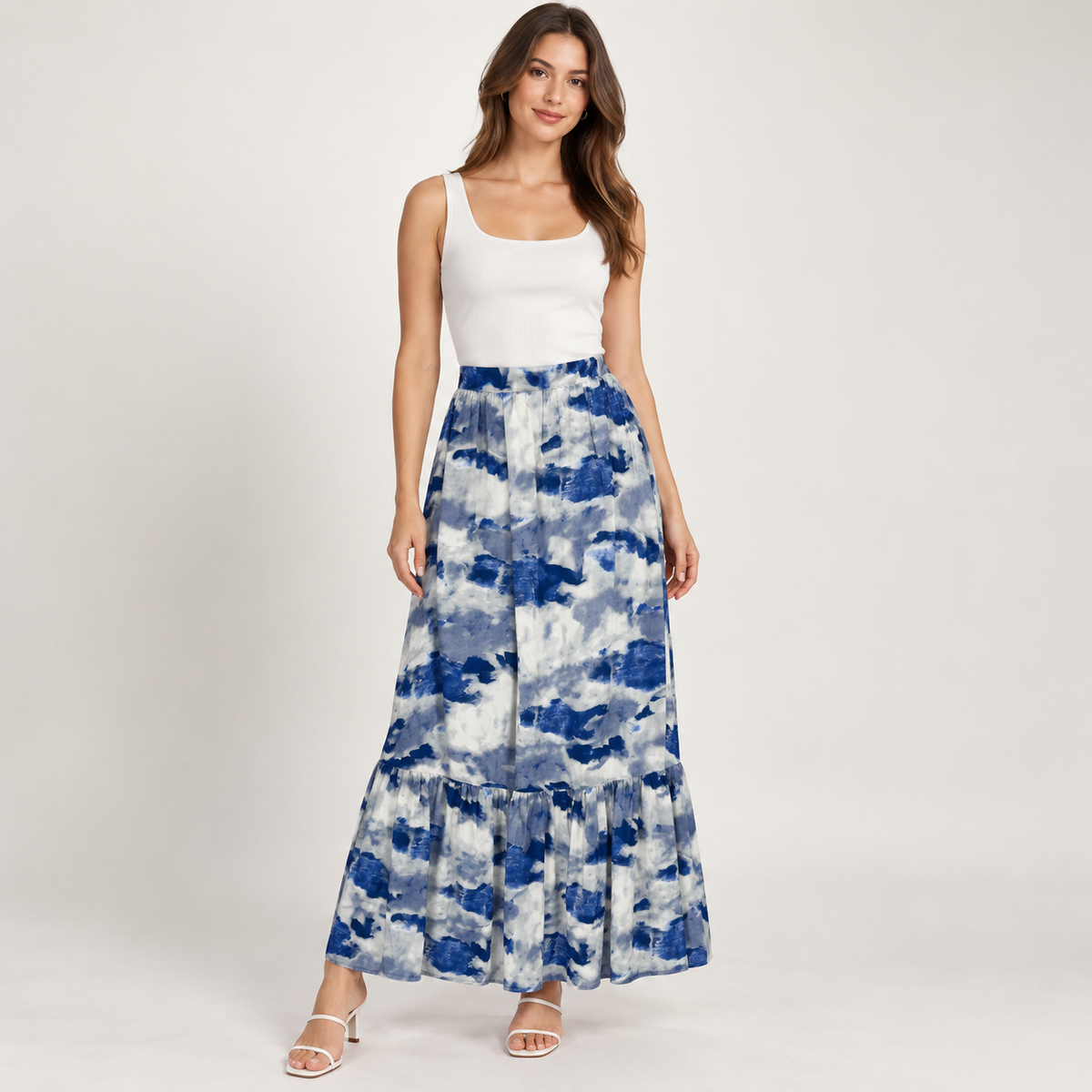 8 by YOOX Blue, White & Grey Abstract-Print Tiered Maxi Skirt – IT 46 — photo 1