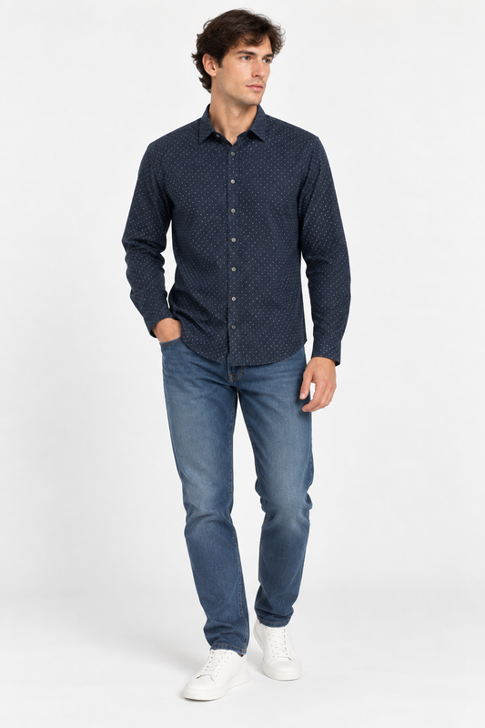 French Connection Marine/White Micro Dot Shirt – S shown on a model.