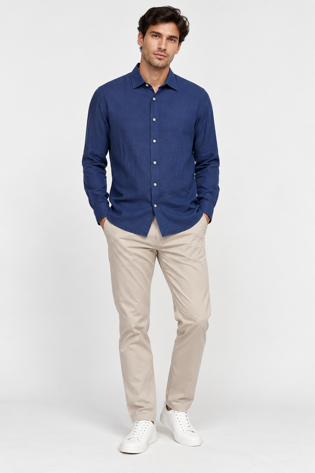 French Connection Navy Linen Blend Shirt – S shown on a model.