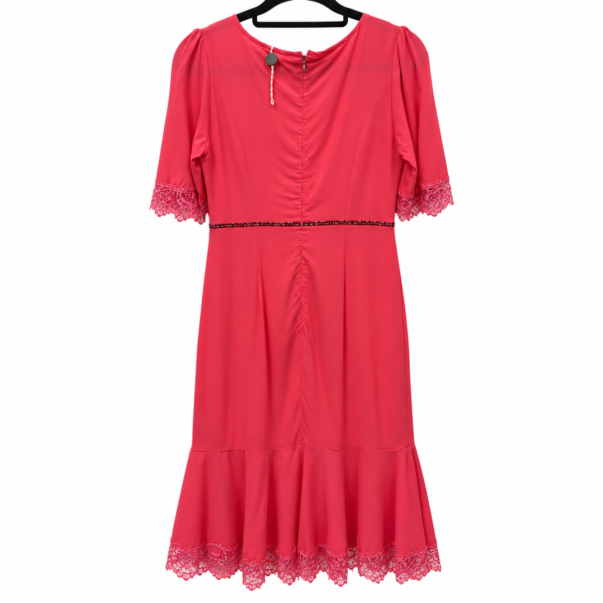 Back view — VDP Collection Pink Calf-Length Dress with Lace Trim & Embellished Belt – Size 42.