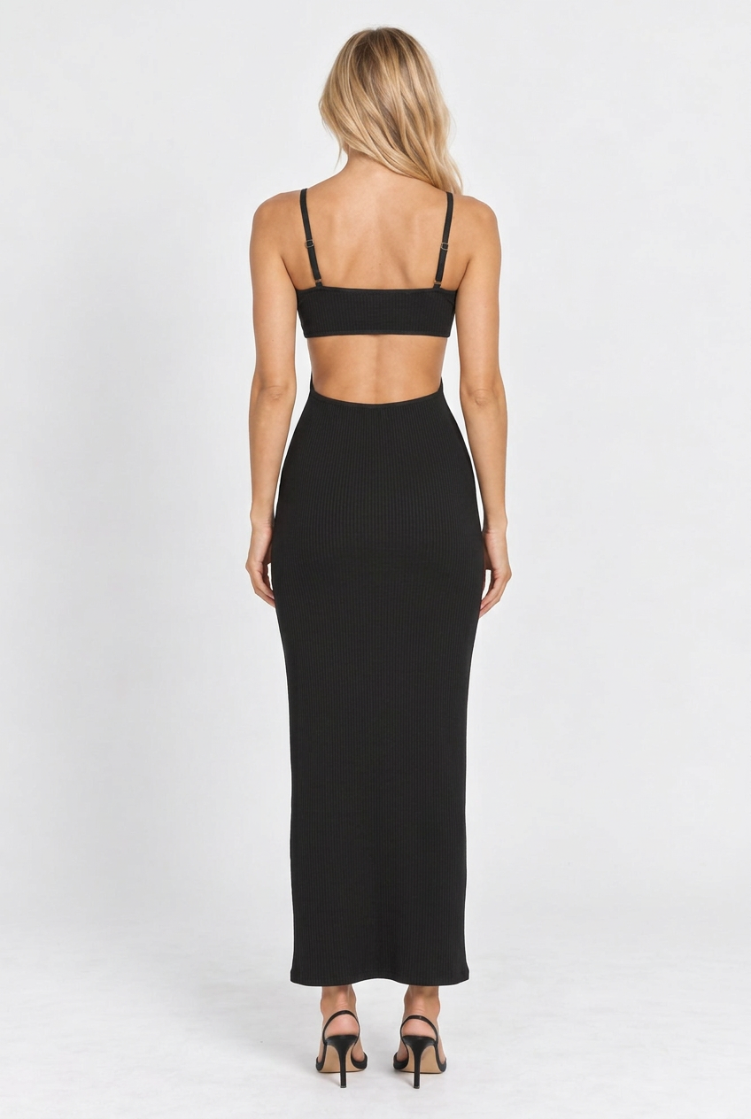 Back view on a model — 8 by YOOX Black Ribbed Cut-Out Knit Dress – XS.