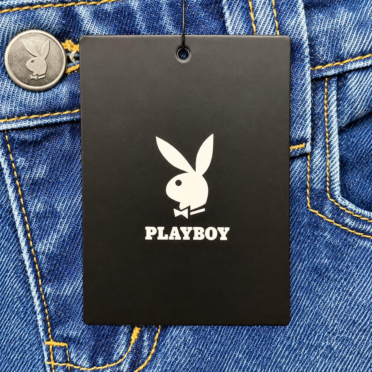 Design detail close-up — Playboy Mid Blue Low Rise Flare Jeans – M.
