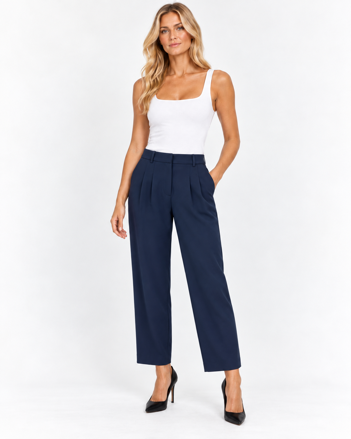 French Connection Marine Harry Wide-Leg Suiting Trousers Size 16/18 shown on a model.